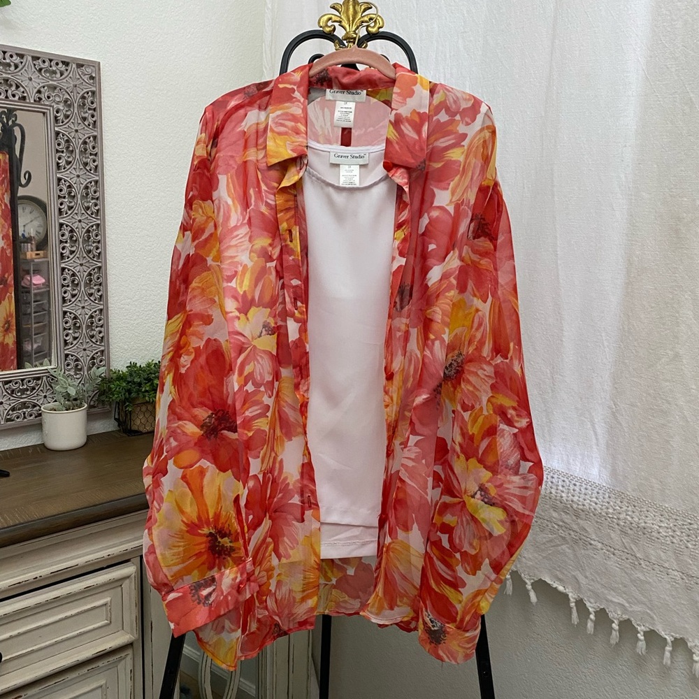 Graver Studio 3X Floral Sheer Blouse w/ Matching Tank | Vintage Style - Picture 4 of 9